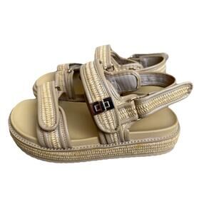 Womens Platform Sandals Size 8 Beige Raffia Woven Adjustable Strappy Boho